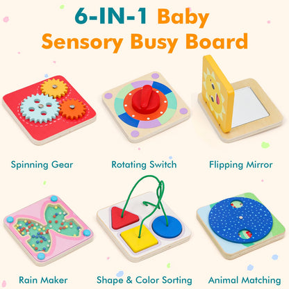 Ancaixin 6-in-1 Montessori Busy Board for 1 Year Old, Magnetic Sensory Toys for Toddler, Wooden Activity Busy Board for 12+ Months Baby, Fine Motor Skills Toys for Boys & Girls, Birthday Gifts 1 2 3