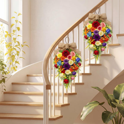 Norme 2 Pack Spring Teardrop Swag Pre-Lit, 23.6" Artificial Rose Teardrop Wreath for Front Door with Burlap Bow Butterflies for Porch Wall Window Stair