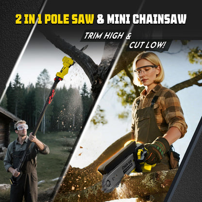 Autubin 2-in-1 Electric Pole Saws for Tree Trimming, 1200W Brushless Cordless Pole Saw & 6 Inch Mini Chainsaw,16 Ft Max Reach & Multi-Angle, Tree Trimmer Branch Cutter Limb Pruner with 2 Batteries
