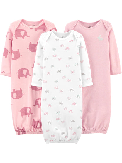 Simple Joys by Carter's Baby Girls' Cotton Sleeper Gown, Pack of 3, Light Pink Bunny/White Rainbow/Elephants, 0-3 Months