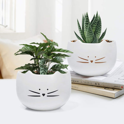 Koolkatkoo 5.5 Inch Cute Cat Succulent Planter Pots Cactus Planters Flower Pots White Set of 2