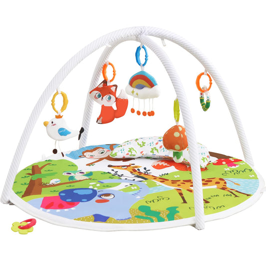 ZILLYBEE Baby Play Gym, ibabejoy Activity Play Mat for Newborn to Toddler, Stage-Based Sensory & Motor Skills Development, 7in 1 Non Slip Language Discovery Platmats with Teether