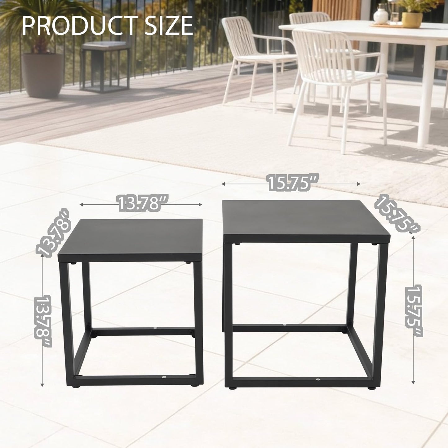 Meluvici Patio Outdoor Coffee Table Set of 2, Weather Resistant Steel Square End Tables, Outdoor Nesting Tables for Patio, Balcony, Bistro and Indoor, Black (Black)