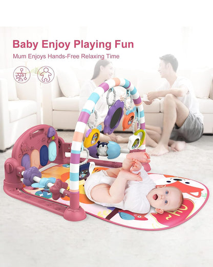 dearlomum Baby Play Mat Gym, Funny Play Piano Tummy Time Activity Mat with 5 Infant Sensory Toys, Music and Lights, Boy & Girl Gifts for Newborns 0 to 3 6 9 12 Months(New Pink)