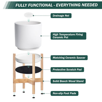 D'vine Dev Ceramic Planter with Natural Stand - 8 Inch Modern Round Flower Pot with Wood Planter Holder, White, 55-B-N-1