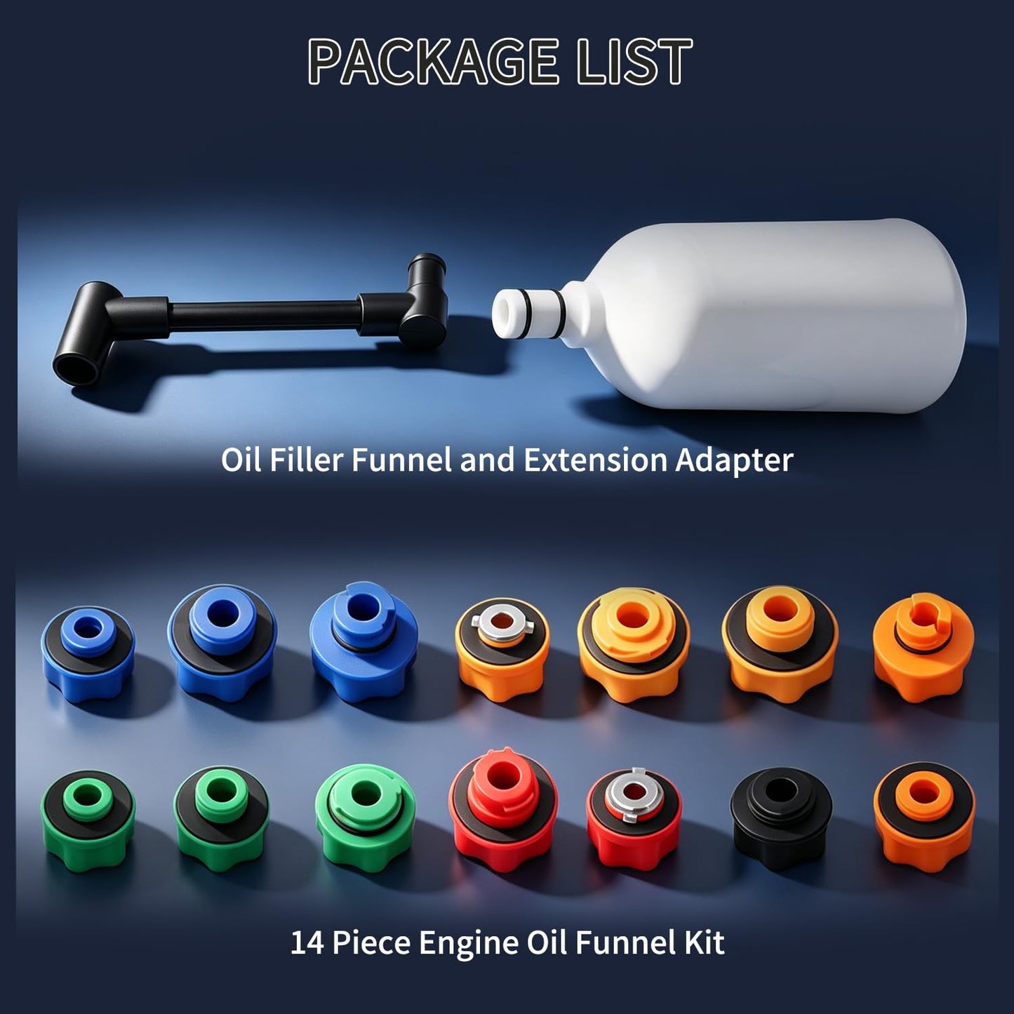DPTOOL Oil Funnel Set, 2 qt Automotive Oil Funnel Set for Engine Oil Changes, Oil Dispenser Funnels Kit with Flexible Extension and 14 Oil Cap Adapters Compatible with GM Ford VW BMW Audi Toyota Etc