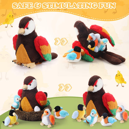 RoundFunny 7 Pcs Birds Stuffed Animals with Babies Egg and Nest 9.8 Inch Mommy Bird Forest Plush Toys Set Gifts for Kids Girls Boys Woodland Baby Shower Party Favors Birthday Classroom Prizes