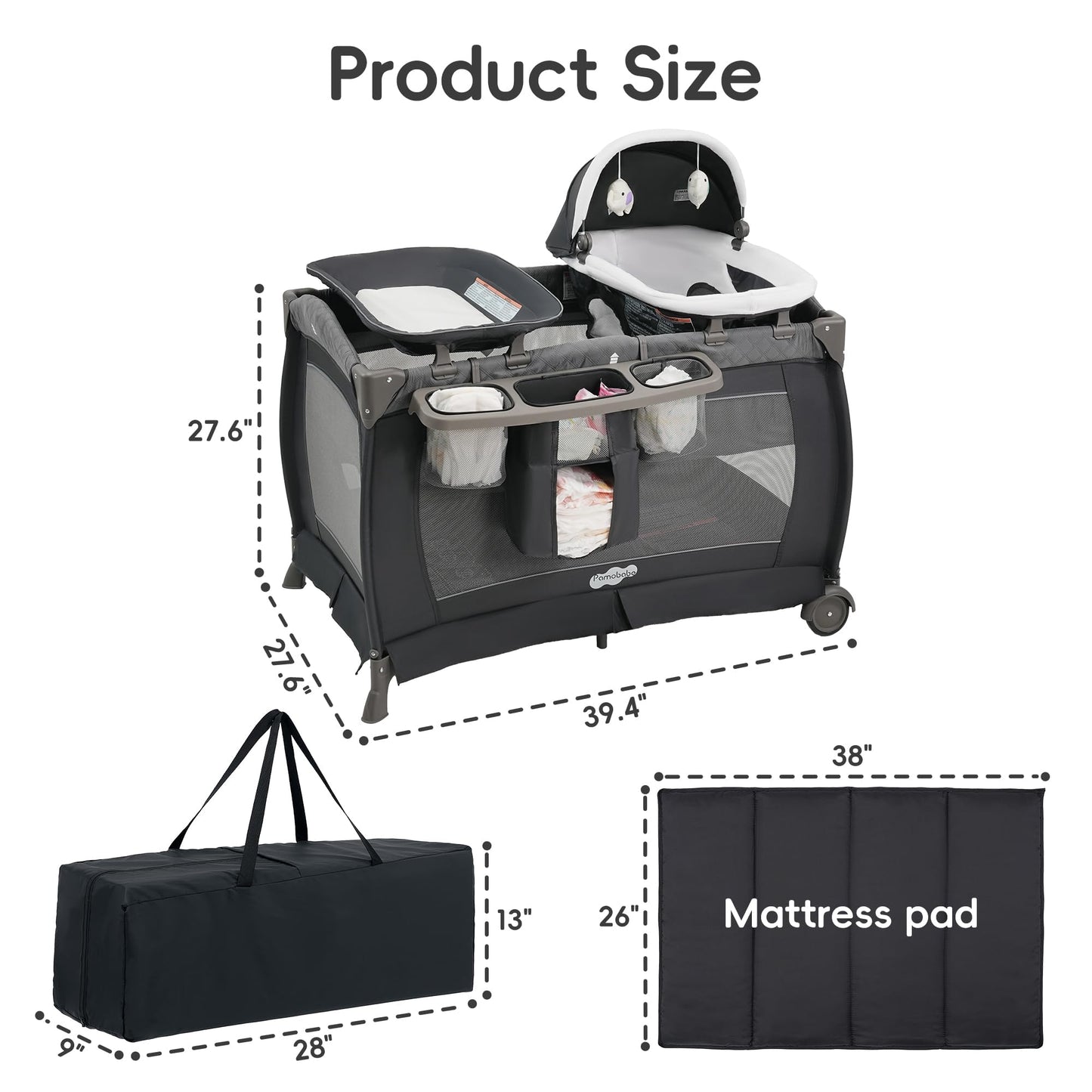 Pamo Babe Pack and Play 4 in 1 Playard Portable Playard Foldable Playpen for Baby and Toddler Portable Crib Mattress Diaper Changer for Newborn (Grey)