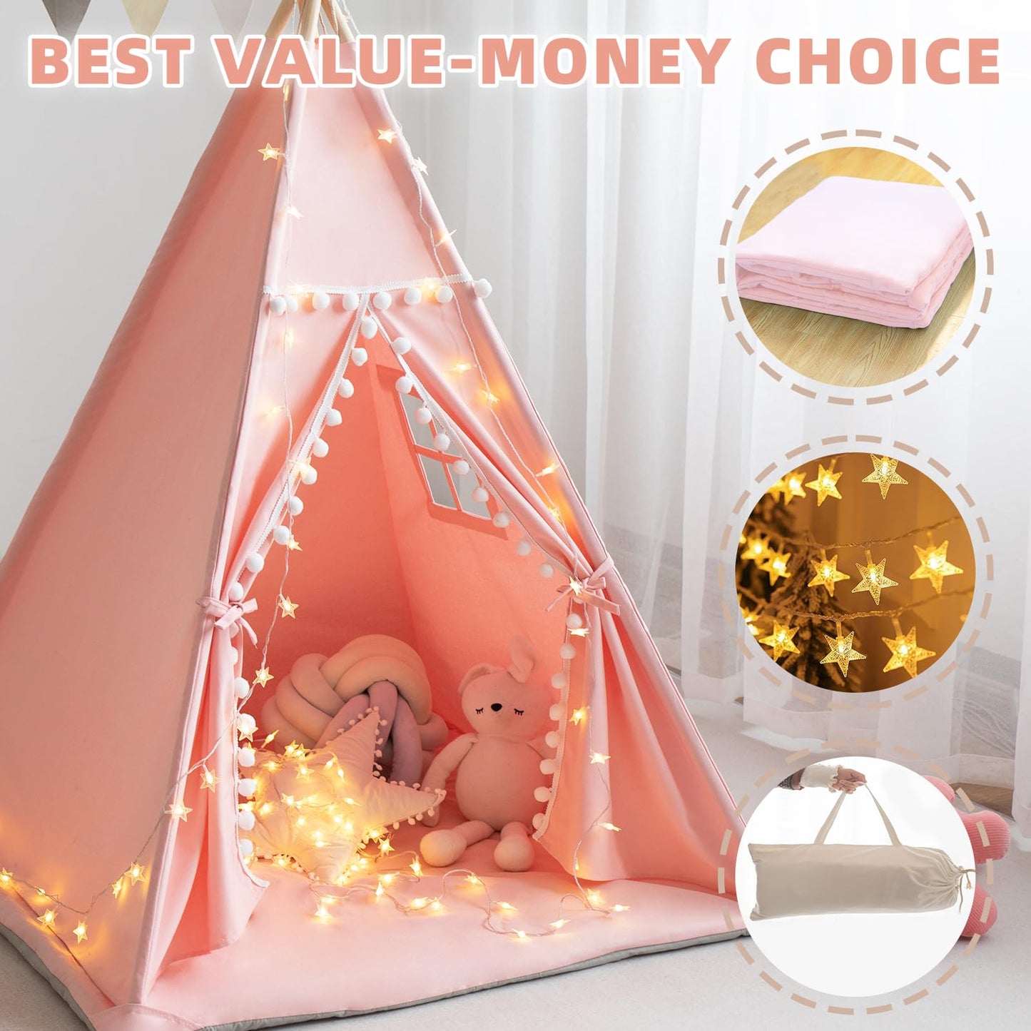 RONGFA Teepee Tent for Kids with Mat, Star Lights, Carry Case, Cotton Canvas Playhouse, Foldable Tents, Portable Children Play Tent Indoor Outdoor (Pink)