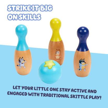 Bluey Wooden Bowling Set – Skittle Game with 6 Character Wooden Bowling Pins, Durable Toy for Kids Ages 3+, Indoor & Outdoor Play
