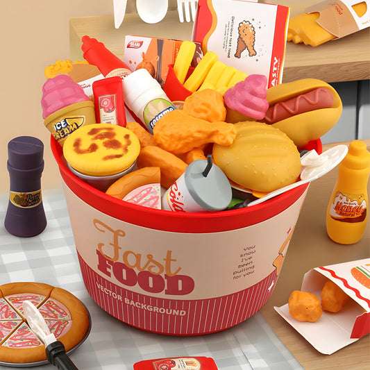 Hydeem 80 Pcs Pretend Play Food Toy for Kids Kitchen Aged 3 4 5, Fast Food Set with Storage Bucket, Pizza, Burger, Ice Cream, Hot Dog, Educational Birthday Toy Gift for Boys Girls