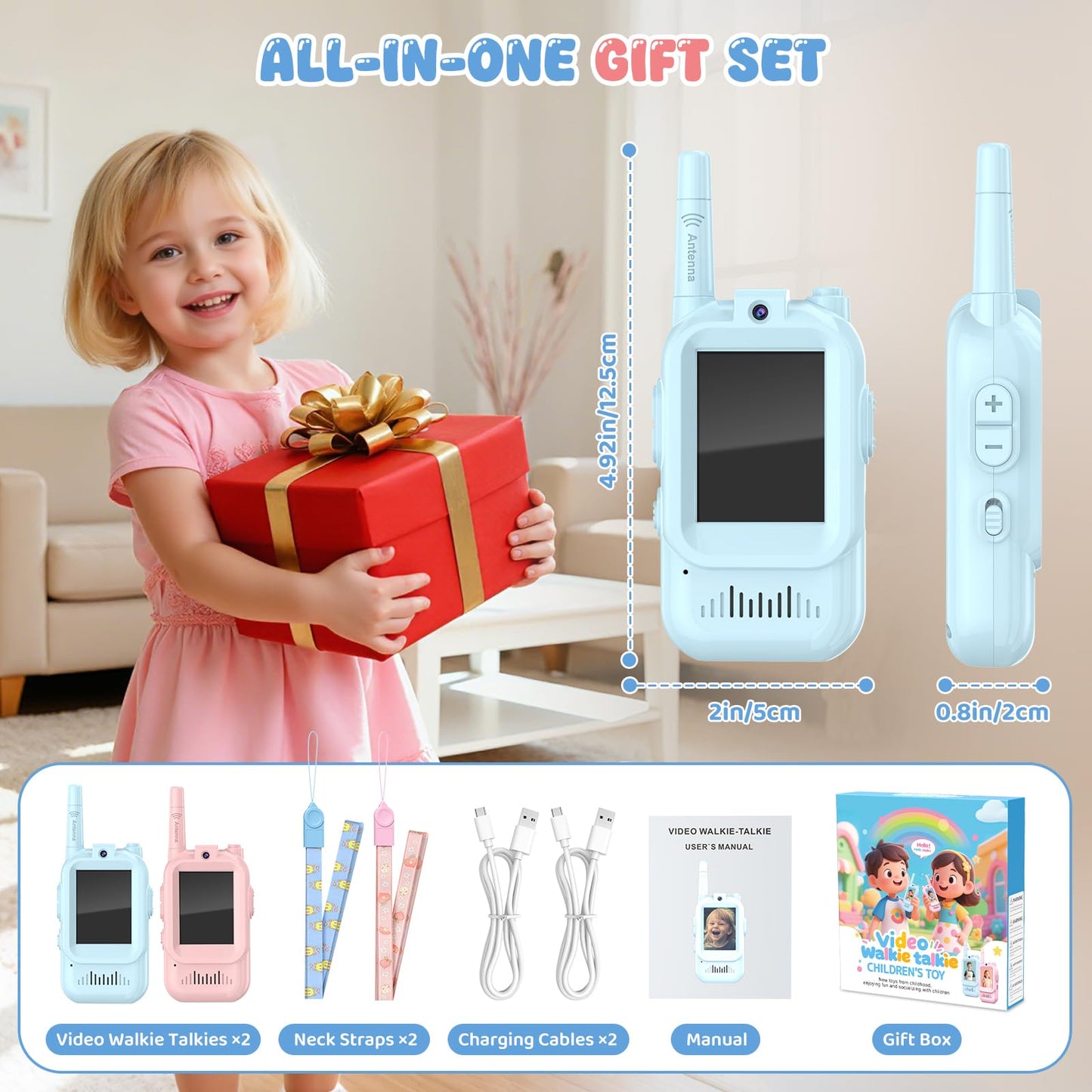 Video Walkie Talkie for Kids - 2 Pack Rechargeable Kids Walkie Talkies Long Range Radios, Video Intercom & Voice Effects, Christmas Birthday Gifts, Toys for Age 3-12 Boys Girls, Indoor Outdoor Travel