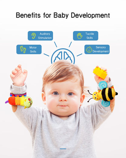 Infinno Baby Wrist Rattle Socks and Foot Finder Set, Perfect Baby Toys for 0-12 Months Newborn Boys and Girls As Shower Gifts, Garden Bug Series (Pack of 2)