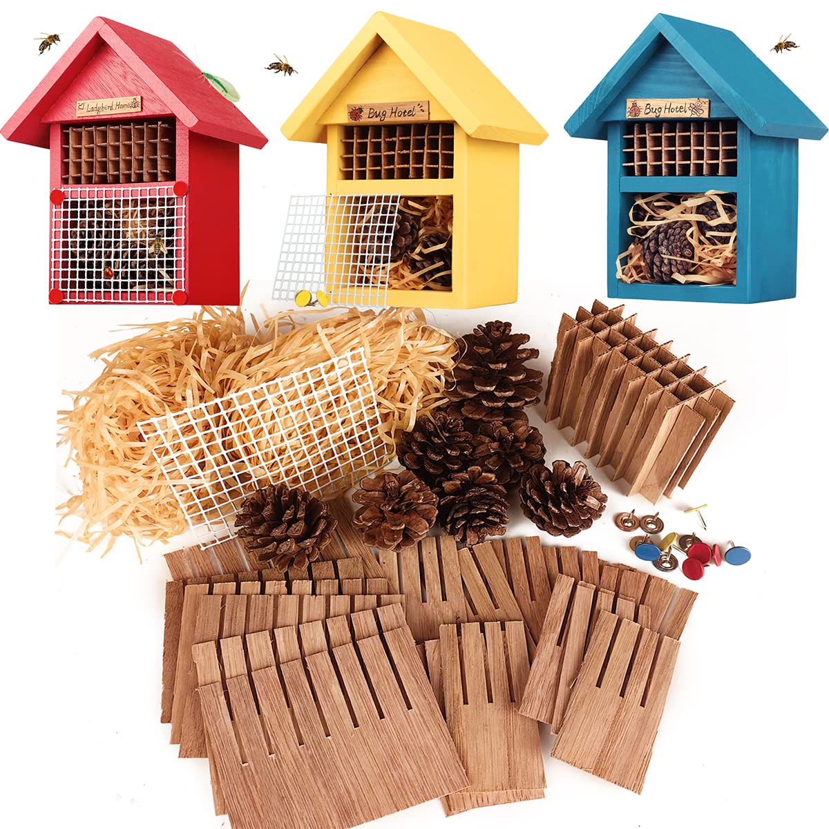 CEDAR ALPHA 4 Pack DIY Insect Hotel Kit, Backyard Insect House, Solid Wood 5.9"x 7.7"x 4.7", UVcoating Painted, Bee House, Nesting Habitat Shelters, Garden Shelter for Bees, Butterflies, Bugs