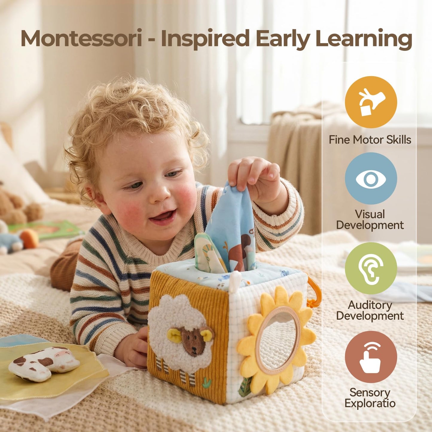 let's make Baby Tissue Box Toy, Farm Montessori Sensory Toys 6-12 Months, Play Silks & Crinkle Tissues with 3D Corduroy, Mirror, Squeaky Cow & Travel Clip - Fine Motor Skills Baby Girl Boy Gifts