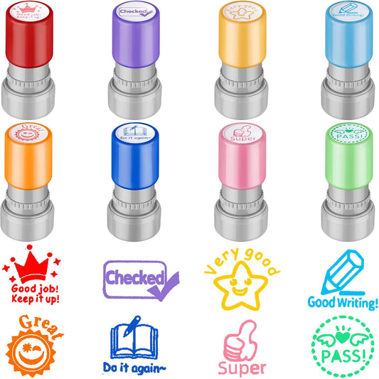 Leinuosen 8 Packs Teacher Stamps Self Inking Grading Motivational Encouraging Stamp for Teachers Appreciation Gift Classroom Homework Test Students Behavior Reward Signature Multicolor(Cute)