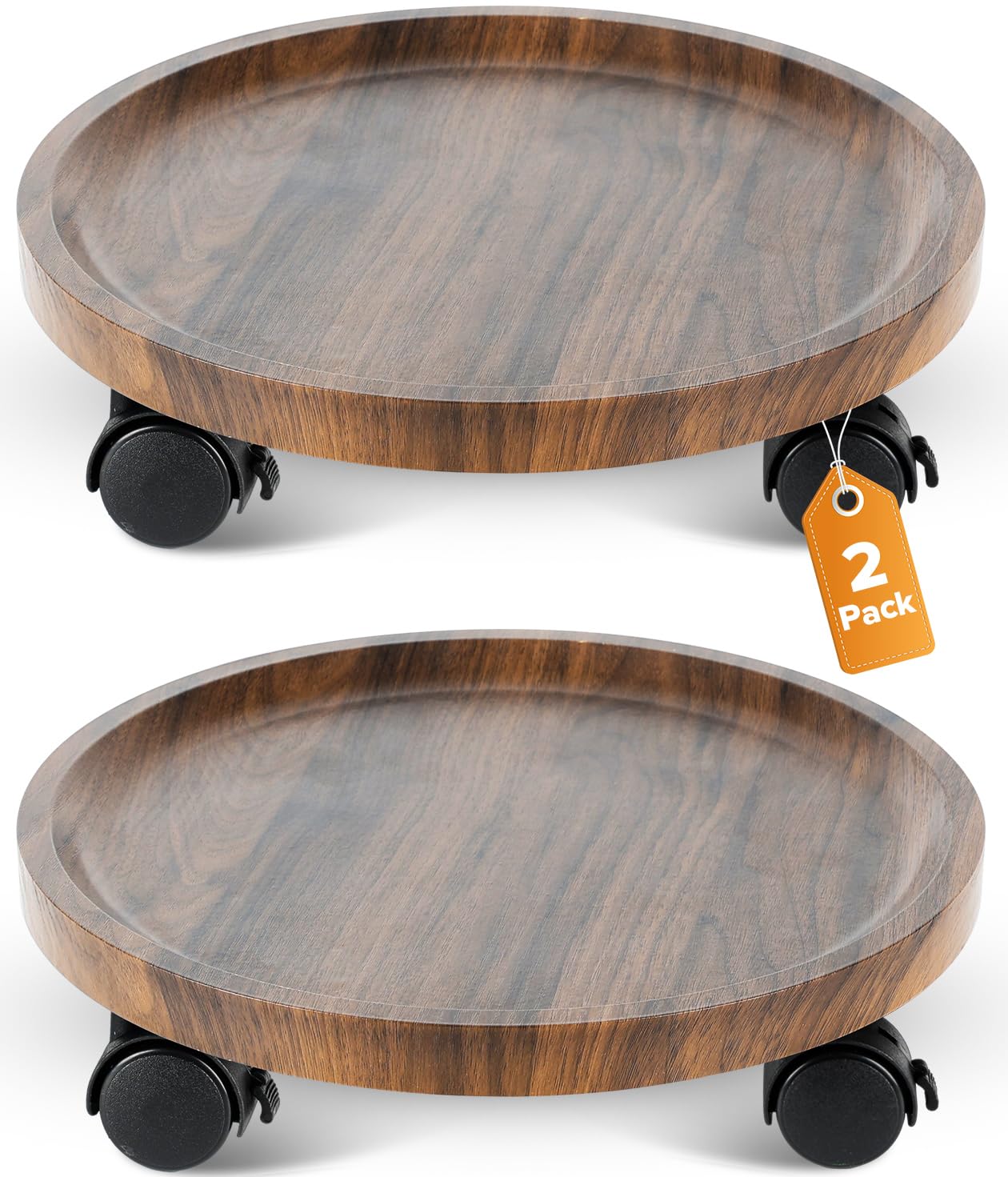 AZADESJET 2 Pack Plant Caddy with Wheels, 12" Wood Rolling Plant Stand with 360° Lockable Wheels, Plant Stands Outdoor for Large Plants, Flower Cart Plant Dolly Plant Caster for Heavy Objects, Walnut