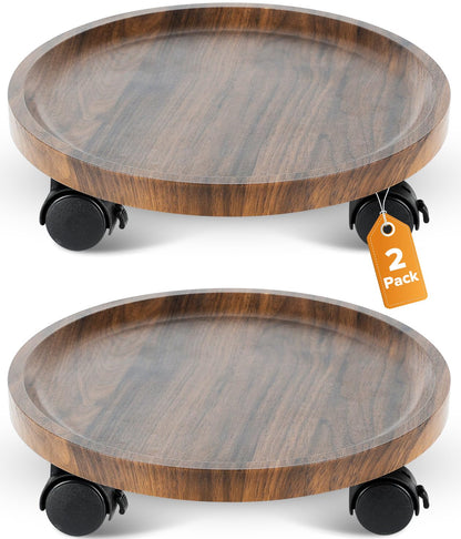 AZADESJET 2 Pack Plant Caddy with Wheels, 12" Wood Rolling Plant Stand with 360° Lockable Wheels, Plant Stands Outdoor for Large Plants, Flower Cart Plant Dolly Plant Caster for Heavy Objects, Walnut