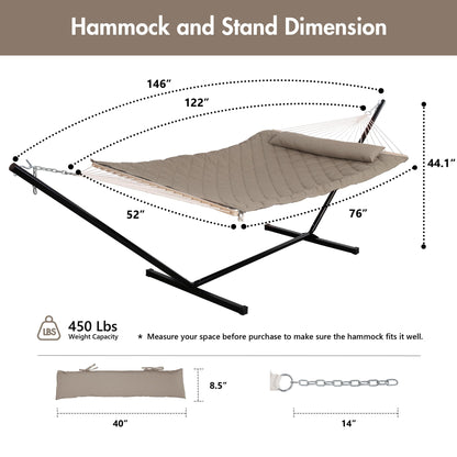 ANOW 2 Person Hammock with 12FT Heavy Duty Steel Stand, Double Rope Hammock with Detachable Pillow and Pad for Outdoors Indoors, 450 LBS Weight Capacity, Light Brown