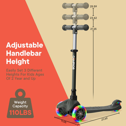 Black Mini 3 Wheel Scooter for Kids – Lean-to-Steer with LED Light-Up Wheels, Adjustable Handlebar, Wide Anti-Slip Deck, Smooth PU Wheels, Rear Foot Brake – Toddler Scooter for Ages 2+
