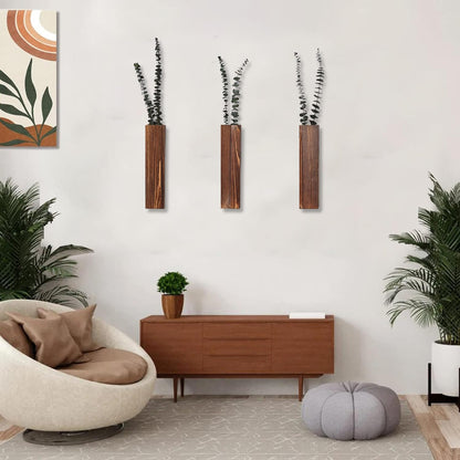 Sawoake Wooden Wall Planter Set of 3 - Modern Home Decor for Living Room, Bedroom, Bathroom - Walnut Finish Planter for Dried Flowers, Faux Greenery, Indoor Plants