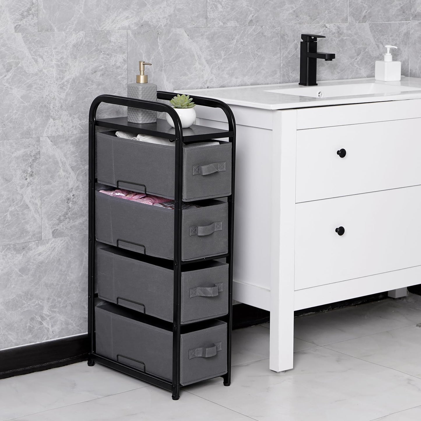 MAX Houser 4 Drawer Narrow Dresser Fabric Storage Tower Vertical Slim Storage Chest Organizer Nightstand Side/End Table Small Standing Organizer Removable Drawers Wood Top for Bedroom, Bathroom（Grey