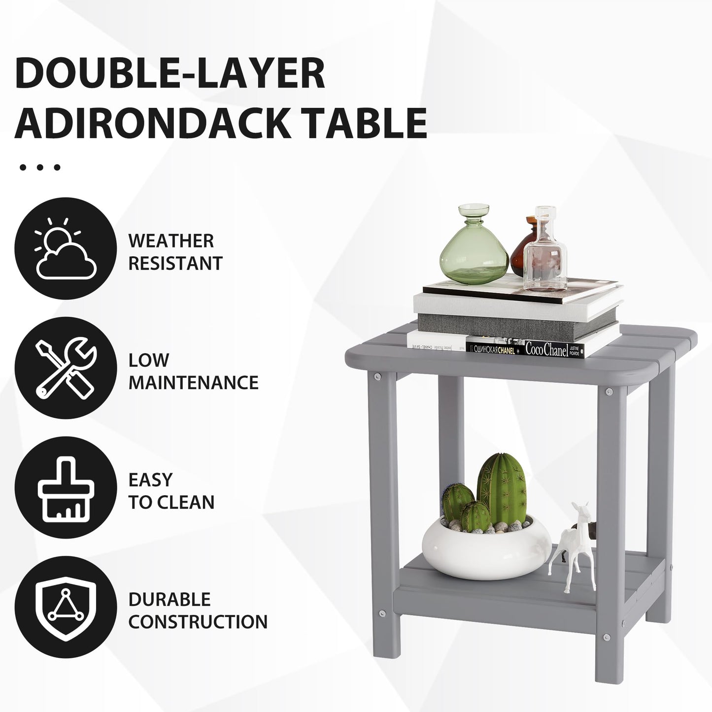 Sundale Outdoor 18" Small Side Table, Patio HDPE All Weather Small Adirondack End Table Water Resistant 2 Tier Rectangular Outside Table for Pool, Garden, Beach, Grey
