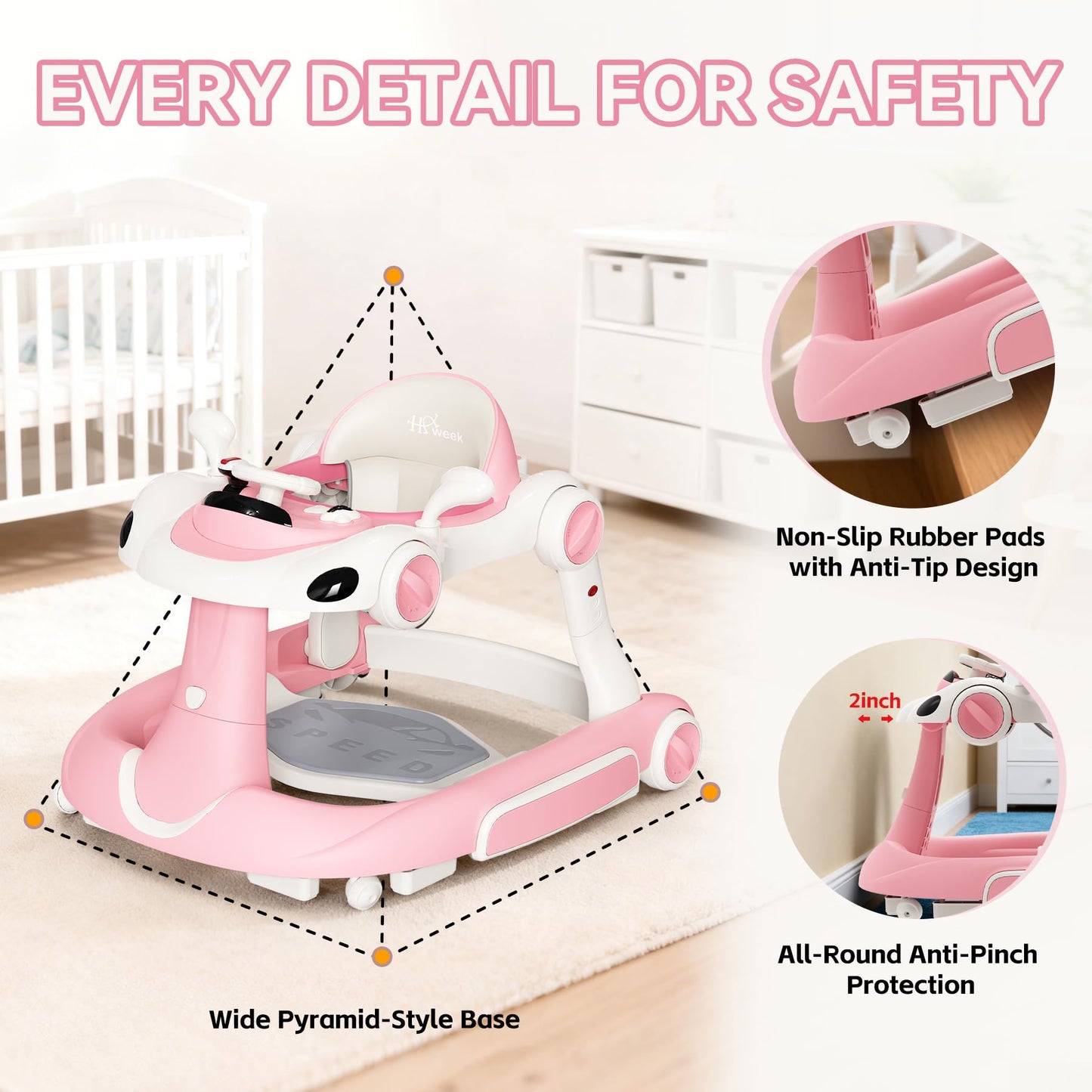 HAWEEK Baby Walker with Wheels, 7-in-1 Foldable Baby Walkers for Boys Girls 6-12 Months with Feeding Tray & Music, Lights,Rocker,Sun Canopy, Bouncing Pedal, Adjustable Wheel Speed, Push Walker (Pink)