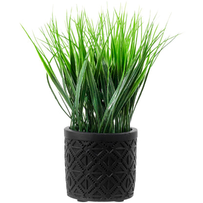 MyGift Artificial Green Grass Plant in Modern Black Concrete Pot with Geometric Embossed Pattern, Tabletop Faux Greenery Decorative Round Cement Planter Home Decor