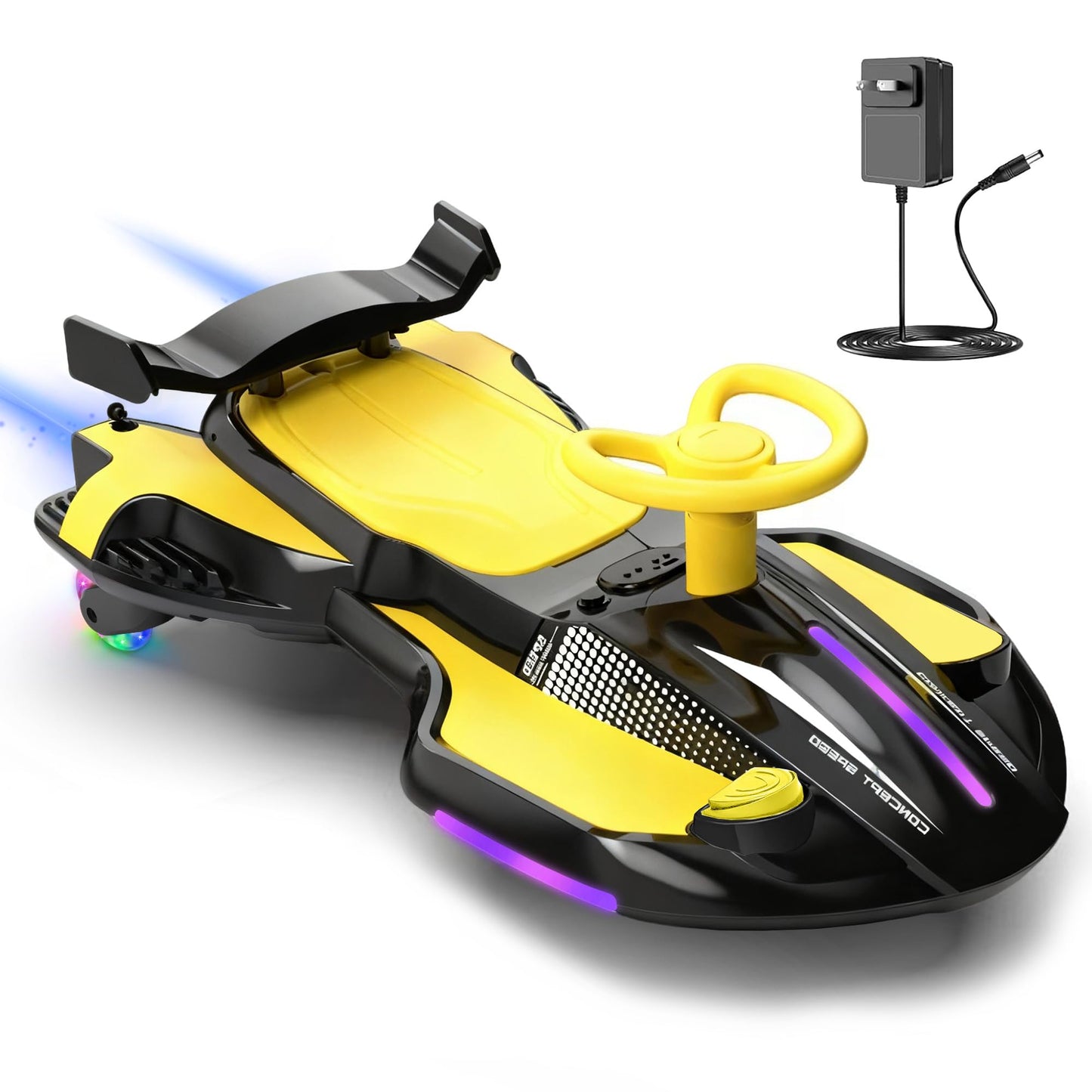 12V Electric Wiggle Car with Pedal for Kids, Rechargeable 2 in 1 Devil Swing Car Toy, Drifting Ride On Car with Backrests, Anti-Rollover, Spray, Flashing Light, Music, Bluetooth, for Ages 3 and Up