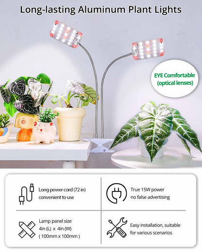 DOMMIA Plant Light, Dimmable Desk Clip on Plant Light for Indoor Plants with 6/12/16h Timer, Gooseneck Grow Lamps, Full Spectrum for Seeding, Succulent, Potted Plants, 2-Head