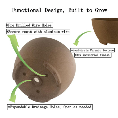 TINYVISTA 8.26" Brown Ceramic Bonsai Pot with Drainage Holes - Large Unglazed Clay Planter for Ficus Trees, Succulents & Indoor Plants, 4" Deep Round