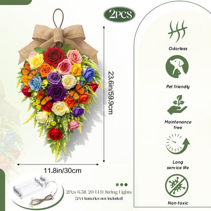 Norme 2 Pack Spring Teardrop Swag Pre-Lit, 23.6" Artificial Rose Teardrop Wreath for Front Door with Burlap Bow Butterflies for Porch Wall Window Stair