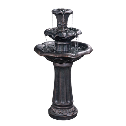 Teamson Home Lily Flower Floor Pedestal 3 Tiered Floor Waterfall Fountain with Pump for Outdoor Patio Garden Backyard Decking, 38 Inch Height, Dark Gray