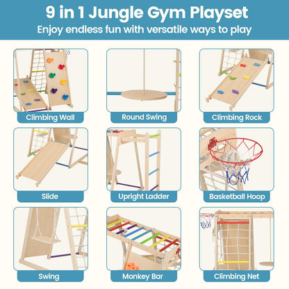 OLAKIDS Indoor Jungle Gym, 9 in 1 Wooden Montessori Baby Climbing Toys with Adjustable 2 Swings Ramp, Monkey Bar Basketball Hoop Ladder Climb Net (Colorful)