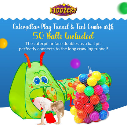 Kiddey Caterpillar Kids Play Tunnel and Tent with 50 Balls 2 Pc. Crawl Through Baby Ball Pit Pop up for Toddler and Babies, Indoor & Outdoor Jungle Gym Party Gift | Crawling Tunnels & Tents