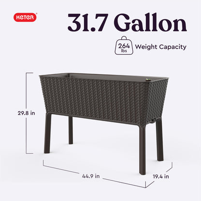 Keter Splendor 31.7 Gallon Raised Garden Bed with Self Watering Planter Box and Drainage Plug-Perfect for Growing Fresh Vegetables, Flowers and Herbs, Brown