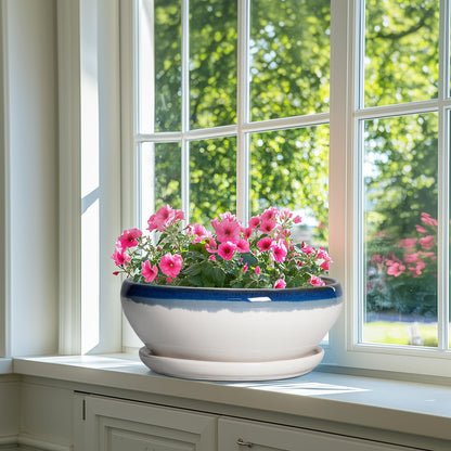 SQOWL Bonsai Tree Pots - 12 Inch Ceramic Succulent Planters, Large Bonsai Pot with Drainage Hole and Tray, Shallow Planter Indoor, Bowl Round Planter, Home Decor, Plant Lover Gift, Blue Off-White