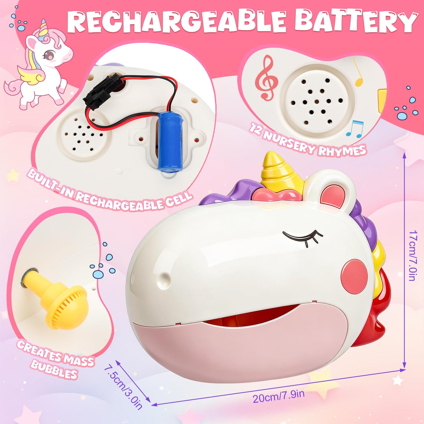 Baby Bath Toys, Unicorn Rechargeable Bath Bubble Machine, Automatic Bubble Maker with 12 Music, Bathtub Shower Water Toys, Toddlers Gifts for Girls Bathroom Toys Kids Ages 1-3 4-8