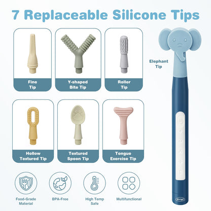 Joyreal Rechargeable SensoryBuzz Oral Motor Vibration Kit with 7 Textured Silicone Heads - 4 Modes Vibrating Teether Autism Sensory Products for Speech Therapy, Stimulate Self Feeding, Sensory Needs