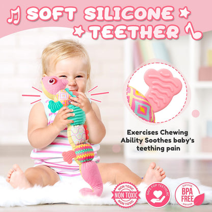 AWOTOY Baby Toys Sensory Musical Stuffed Animal Activity Soft Infant Toys 0-6-12 Month with Multi-Sensory Crinkle,Rattles&Textures,Baby Girl Toys Easter Gifts Newborn Tummy Time Easter Basket Stuffer