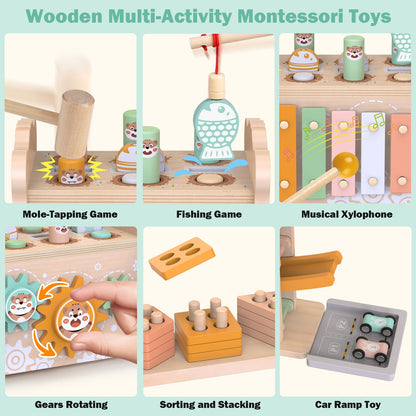 Weilim Montessori Toys for 1 Year Old, Wooden Car Ramp & Hammering Pounding Xylophone Toy for Toddlers 1-3, Shape Sorter Stacking Blocks, Educational Fine Motor Activity Toys Gift for Baby Boy Girl
