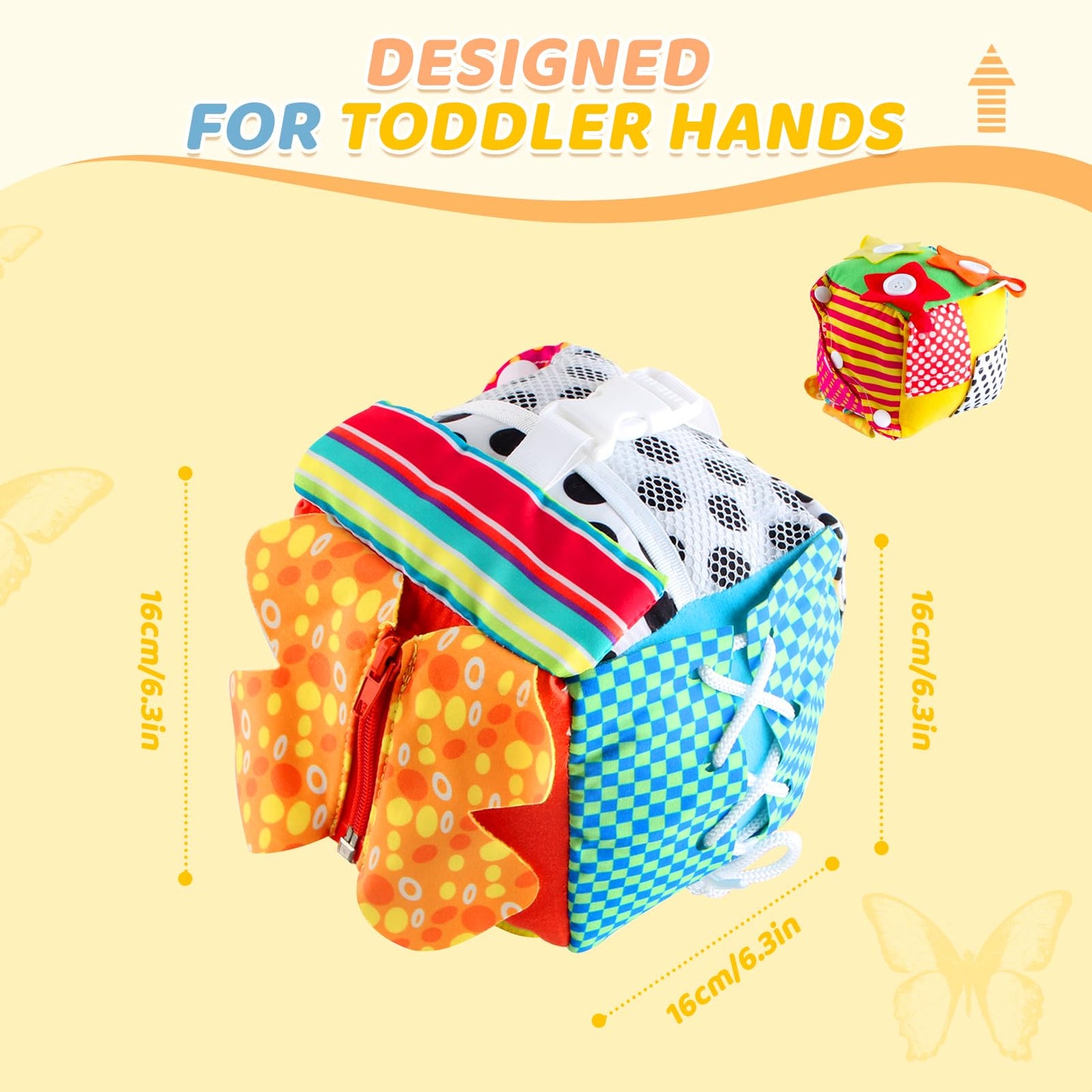 KAKIBLIN Cubic Activity Learning Toy with Zippers, Latches, Buckles, Laces, Snaps, Buttons and More - Perfect for Toddlers at Home, on Airplanes, Cars or Travel