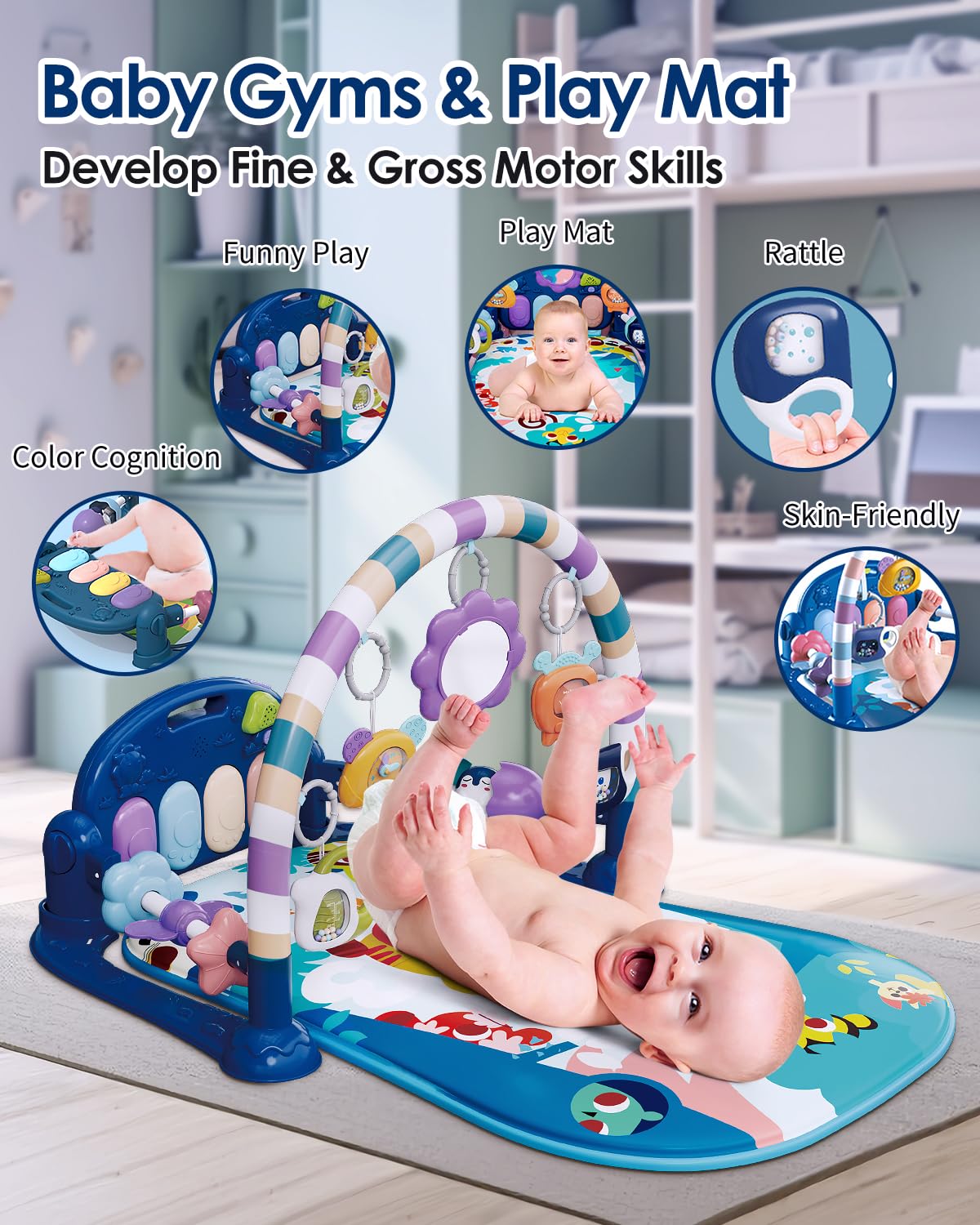 dearlomum Baby Play Mat Gym, Funny Play Piano Tummy Time Activity Mat with 5 Infant Sensory Toys, Music and Lights, Boy & Girl Gifts for Newborns 0 to 3 6 9 12 Months (Blue)