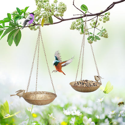 Hanging Bird Bath for Outside, 2 Pack Metal Birds Feeder & Water Bowl with Chains and S-Hooks,Birdbath Hanging for Outdoors Bird Feeder Seed Tray Garden Yard Decor (Rustic Gold)
