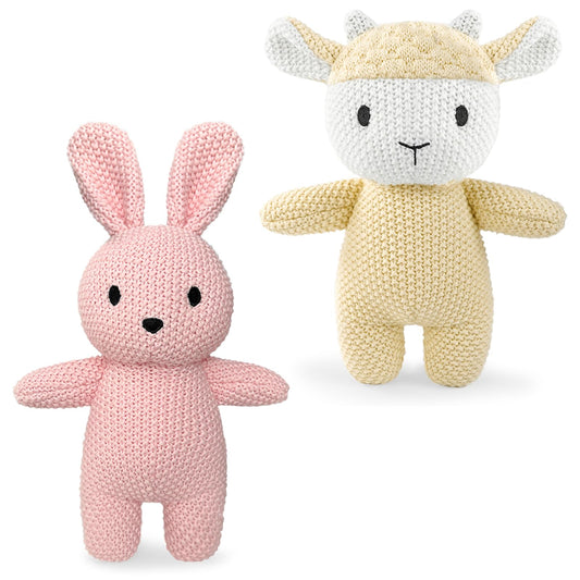 okegztoa 2 Pack Cotton Baby Plush Stuffed Animals Cute Bunny and Huggable Sheep Knitted Plush Toy Gifts for Kids and Newborns, Handmade Crochet Doll for Christmas, Easter (Rabbit+Sheep)