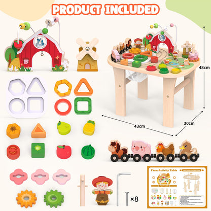 Weilim Montessori Activity Table for 1 Year Old — Wooden Sensory Table Baby Activity Center with Bead Maze, Shape Sorter, Train Track, Farm Toddler Toy, Educational Standing Play Toys, Kids 12+ Months