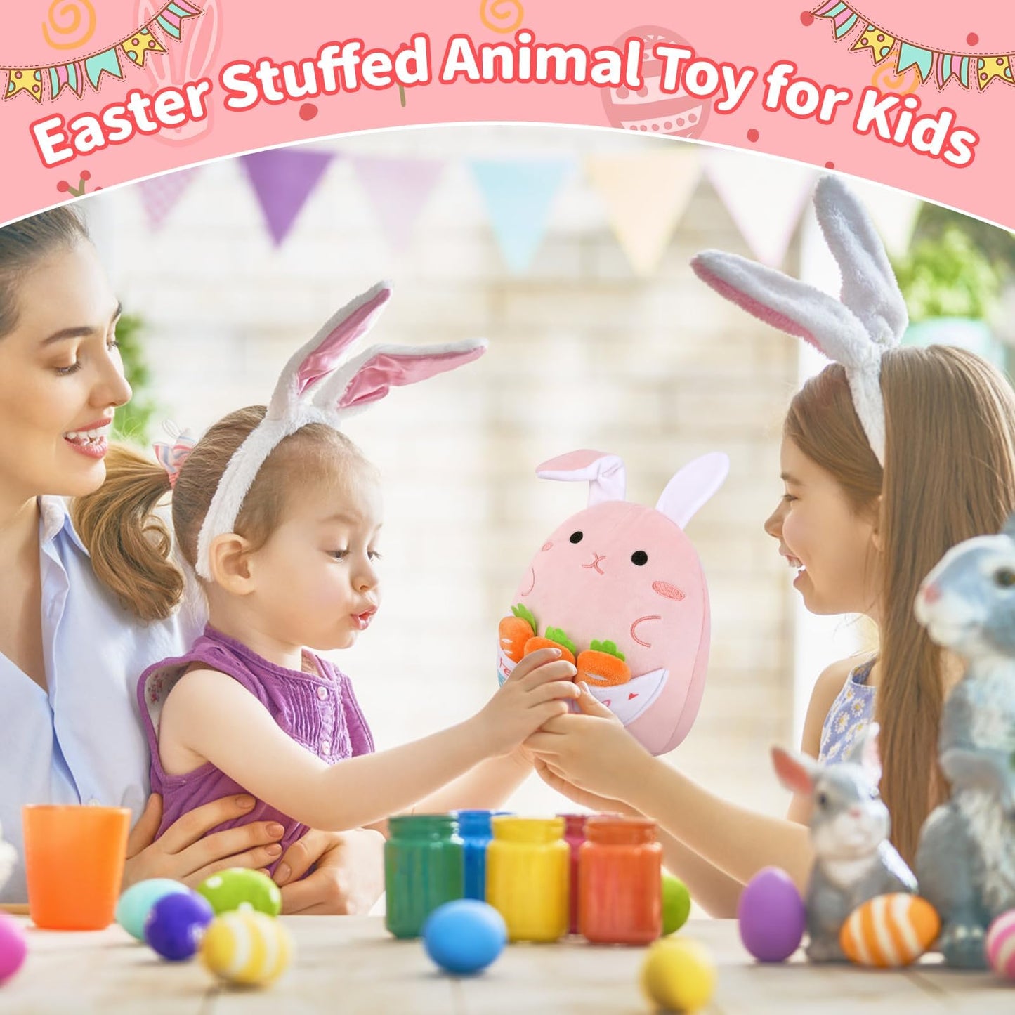 Prewplam Easter Bunny Stuffed Animal, Soft Bunny Plush with 3 Pcs Carrot Stuffed Animals, Cute Rabbit Plush Toys Gifts for Kids Girls Boys (Pink)