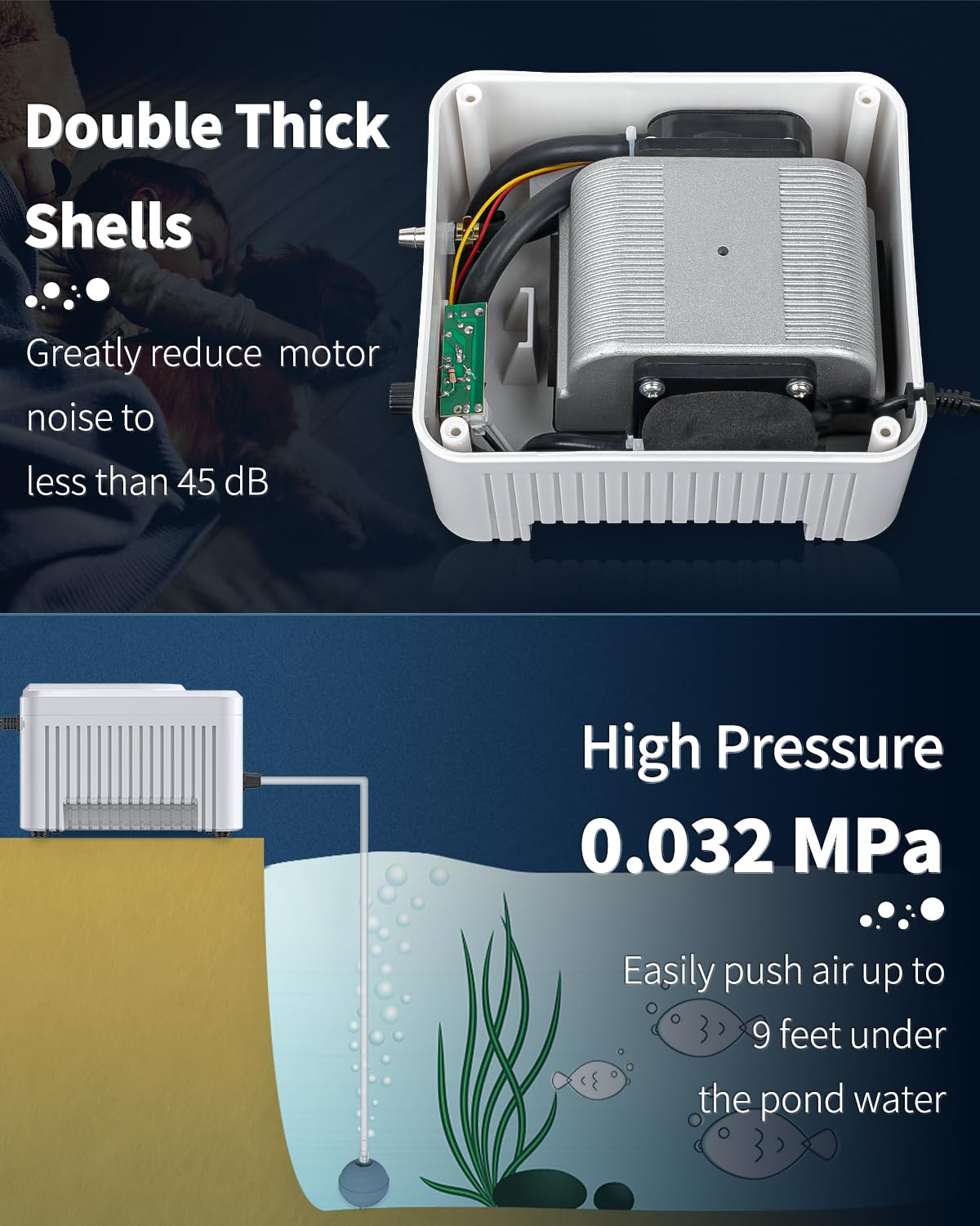 Pawfly Pond Air Pump 500 GPH Outdoor Oxygen Pump for Fish Koi Ponds up to 3000 Gallons Adjustable Pond Garden Aerator Pump Kit with Airline Tubing Control Lever Valves Air Stones and Check Valves