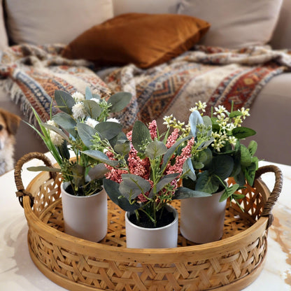 VINSUNI Artificial Plants with White Ceramic Vase, Eucalyptus Leaves and Pink Berry Stems, 3-Pack Fake Flowers for Bathroom Coffee Table Centerpieces